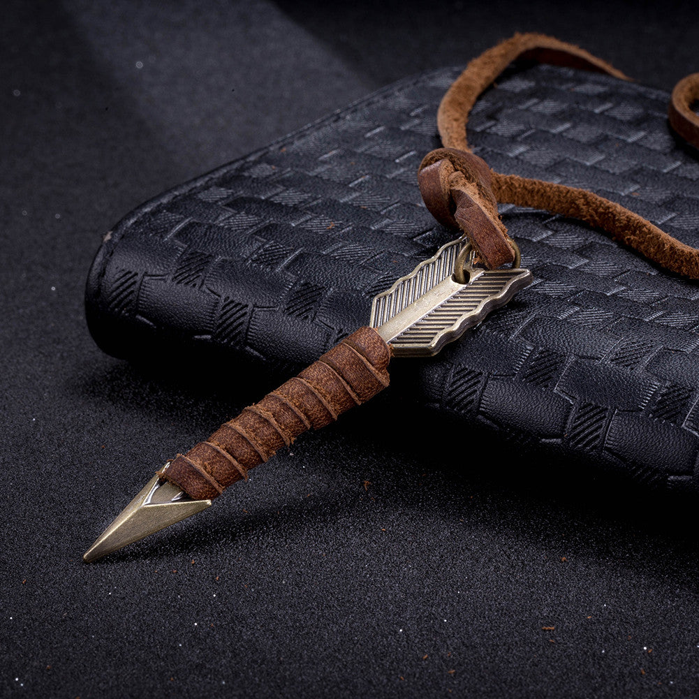 Mens Necklace in Stainless Steel Arrow wrapped in Vegan Leather