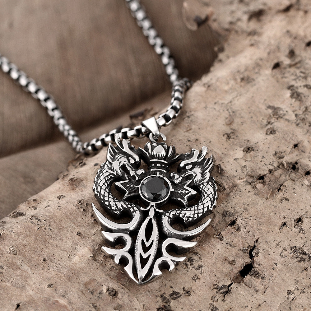 Double Dragon Emblem Stainless Steel Necklace