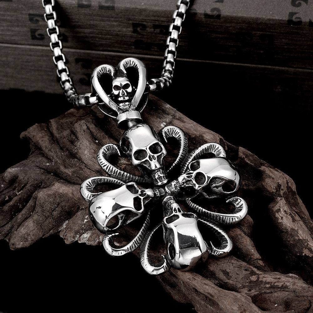 Rose Petal Skull Emblem Stainless Steel Necklace