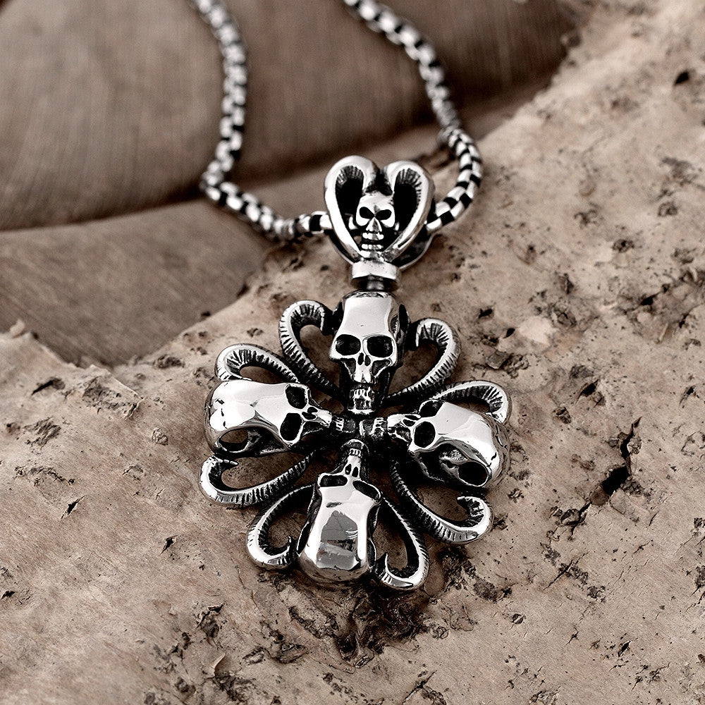 Rose Petal Skull Emblem Stainless Steel Necklace