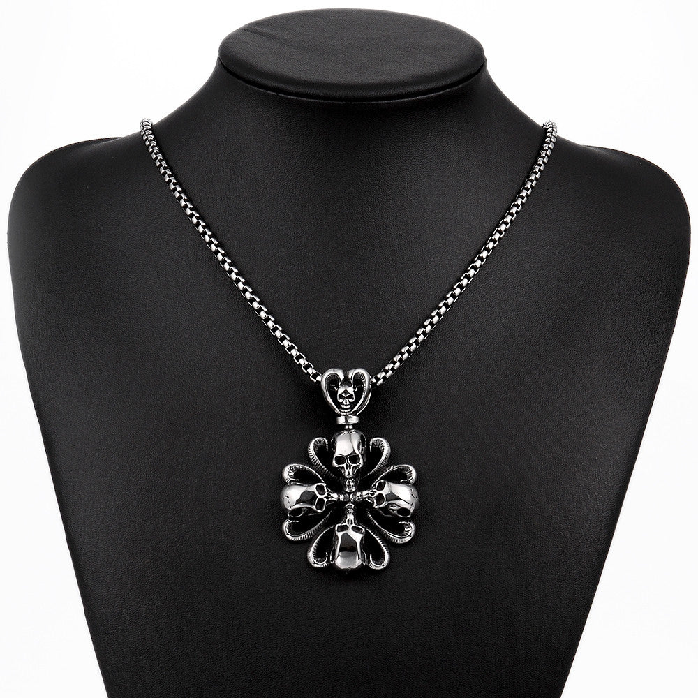 Rose Petal Skull Emblem Stainless Steel Necklace
