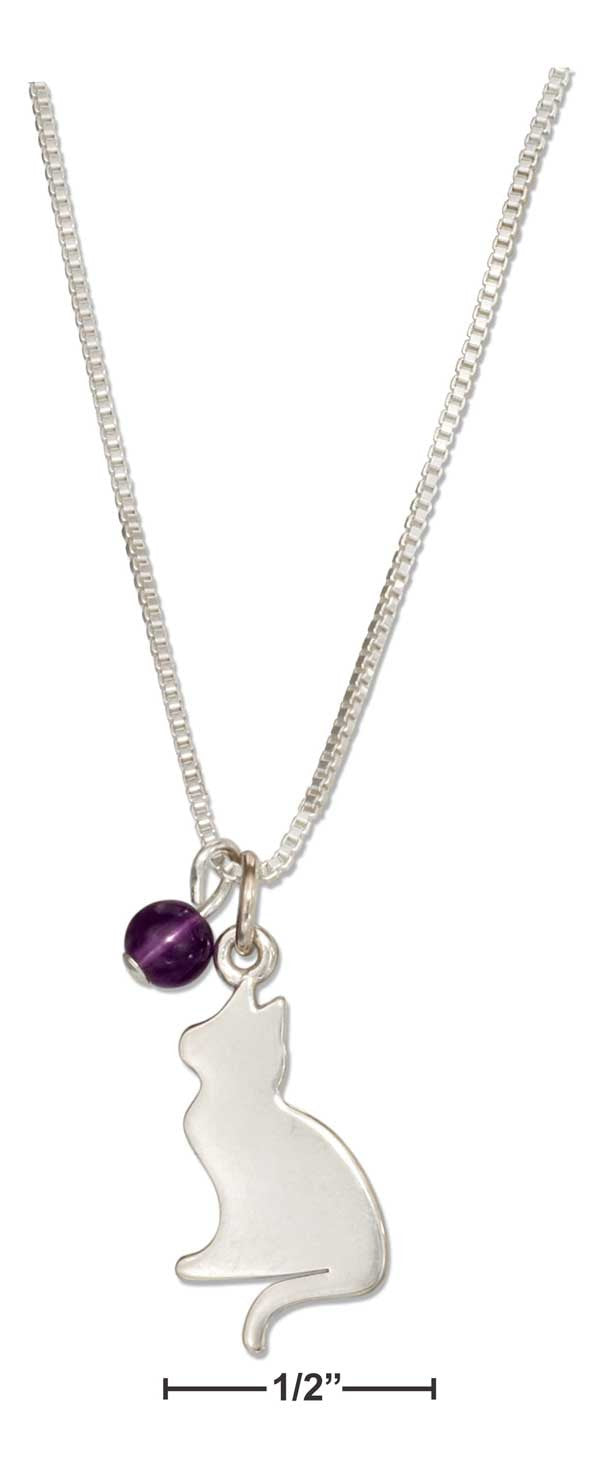 Sterling Silver 18" Silhouette Cat Pendant Necklace with Amethyst Bead