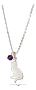 Sterling Silver 18" Silhouette Cat Pendant Necklace with Amethyst Bead