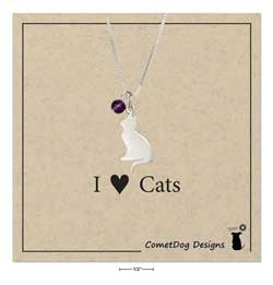 Sterling Silver 18" Silhouette Cat Pendant Necklace with Amethyst Bead