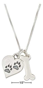 Sterling Silver 18" Dog Bone Necklace with Dog Paw Prints Heart Charm