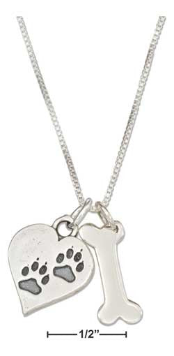 Sterling Silver 18" Dog Bone Necklace with Dog Paw Prints Heart Charm