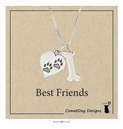 Sterling Silver 18" Dog Bone Necklace with Dog Paw Prints Heart Charm