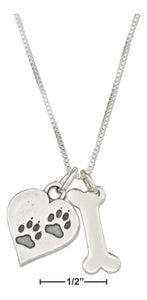 Sterling Silver 18" Dog Bone Necklace with Dog Paw Prints Heart Charm