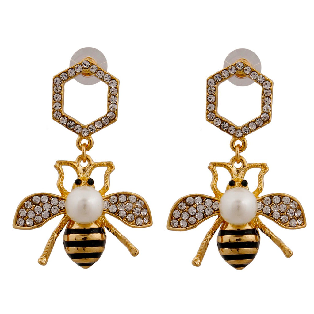 Gucci Style Rhinestone Bee Drop Earrings with Pearl Detail