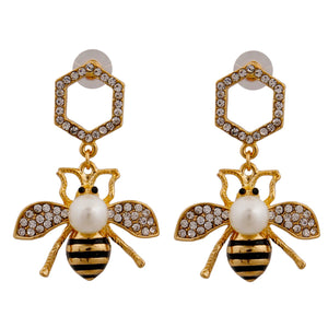 Gucci Style Rhinestone Bee Drop Earrings with Pearl Detail