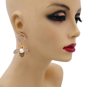 Gucci Style Rhinestone Bee Drop Earrings with Pearl Detail